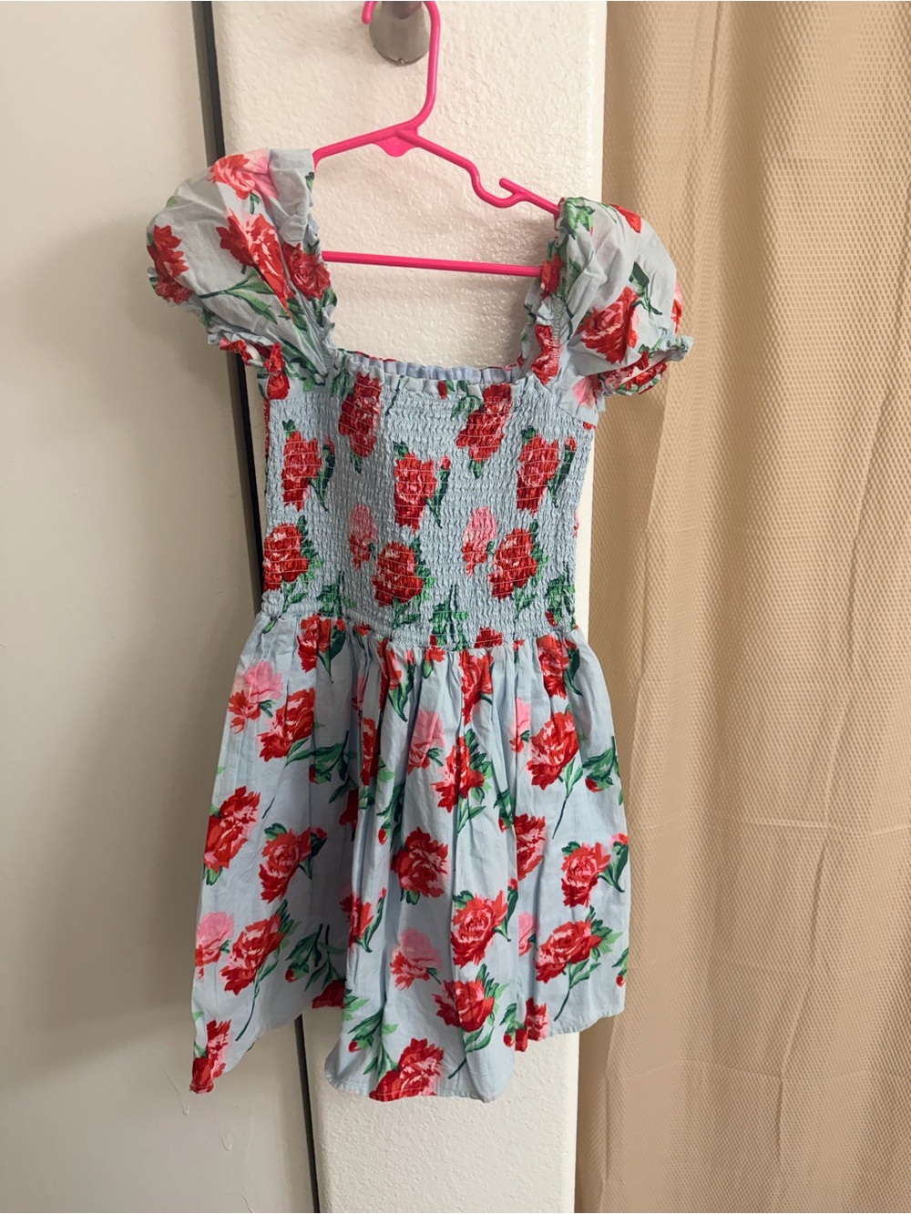 Bundle Girls' Light Blue Floral Puff-Sleeve Dress with Red Roses